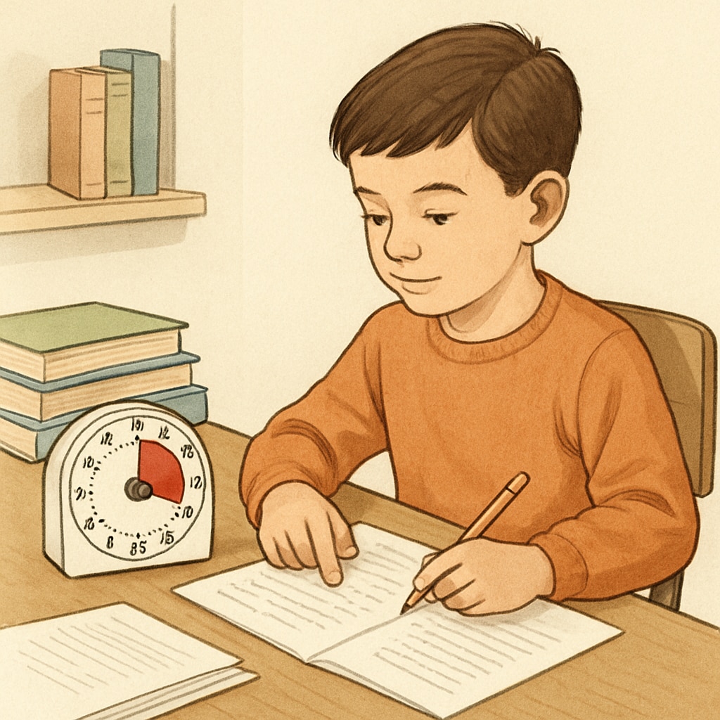A child using a timer while completing homework, demonstrating time management strategies taught during the summit. Child using a timer to manage tasks efficiently, supporting executive function development.