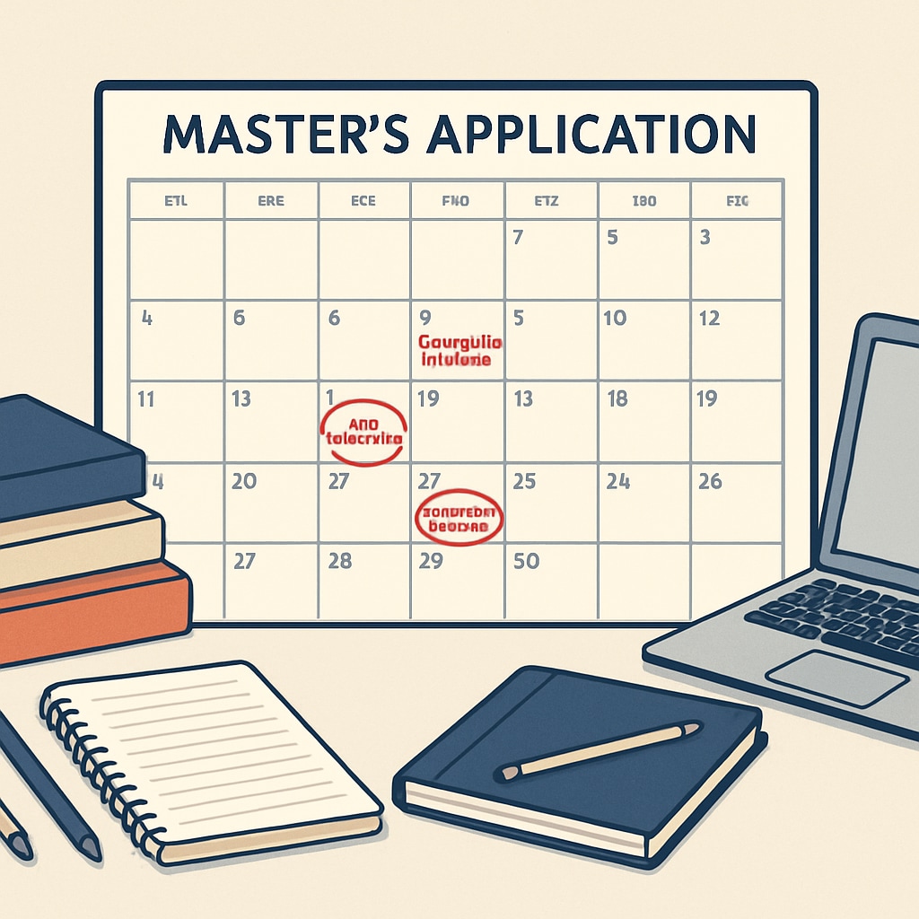 Calendar with application deadlines for U.S. master's degree programs and study materials.