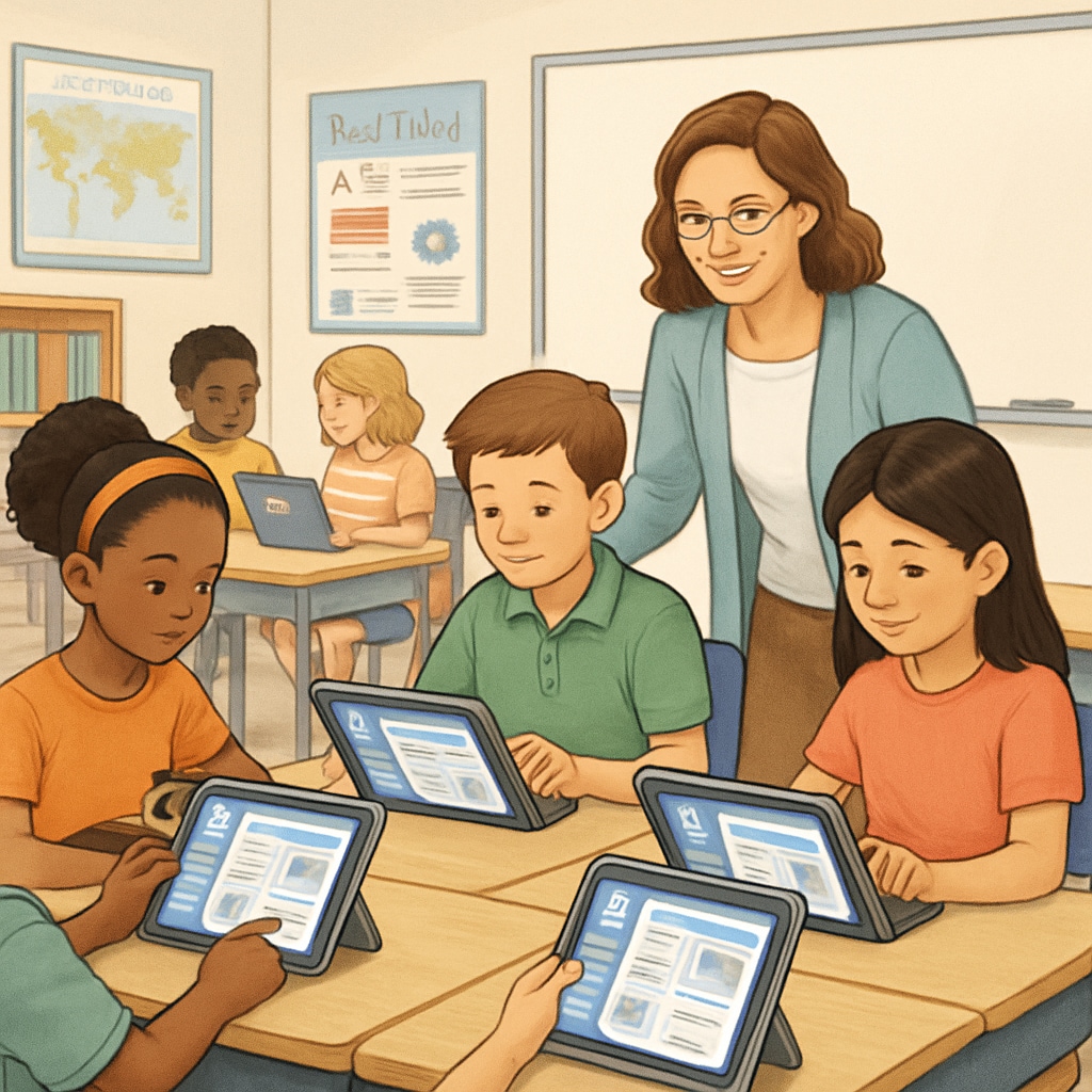 A classroom with students using AI-powered tablets, showcasing personalized learning experiences. Students using AI-powered tablets in a classroom, demonstrating personalized learning.