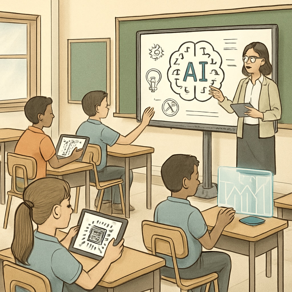 A classroom setting where students are using AI-powered tools for interactive learning sessions. The image highlights the integration of AI into traditional education practices. Students engaged in AI-powered learning tools during a classroom session.
