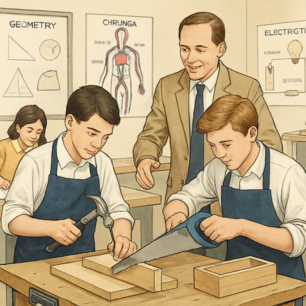 A classroom workshop where students are learning both theoretical and practical skills, symbolizing the integration of vocational education and traditional academics. Students in a workshop combining vocational education and academic learning.