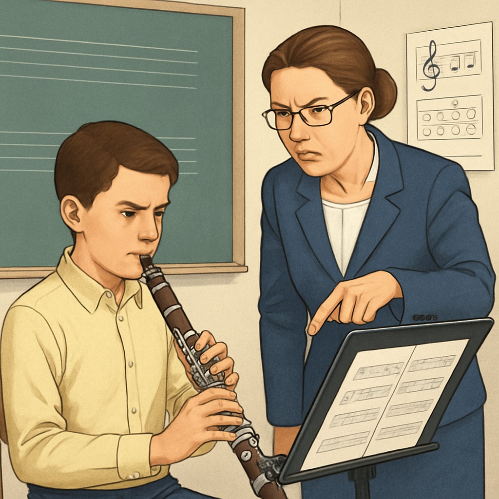 A determined student practicing a musical instrument under the guidance of a strict teacher, symbolizing rigorous educational methods. Student practicing under strict teacher, representing rigorous methods in education.