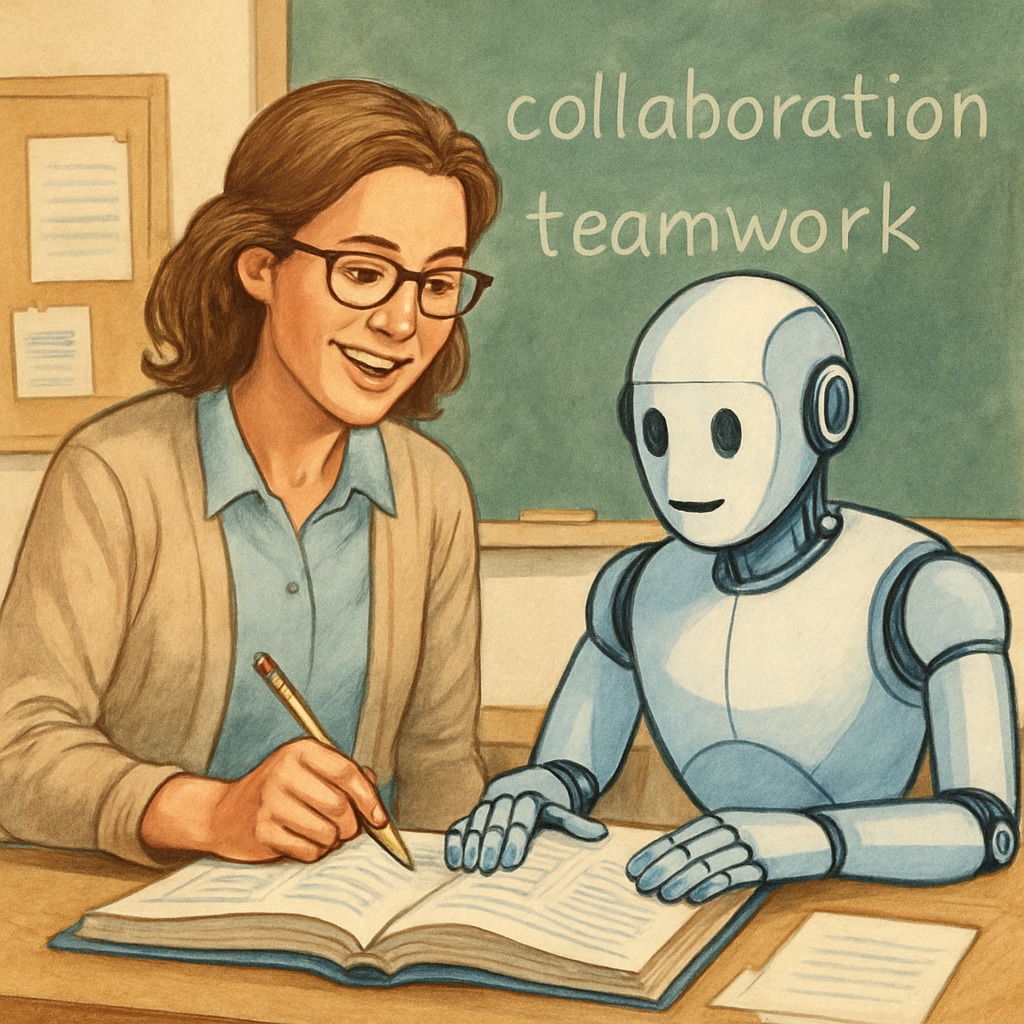 A teacher collaborating with an AI assistant during a classroom session, emphasizing human-AI teamwork. A teacher working with an AI assistant in a classroom setting, highlighting human-AI collaboration.