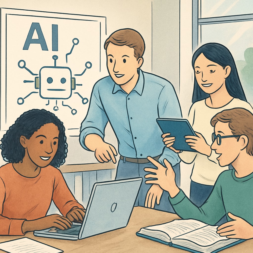 Students collaborating on a project that incorporates AI applications, emphasizing teamwork and problem-solving. The image represents dynamic, non-traditional learning environments. Students working on a collaborative project using AI tools in education.