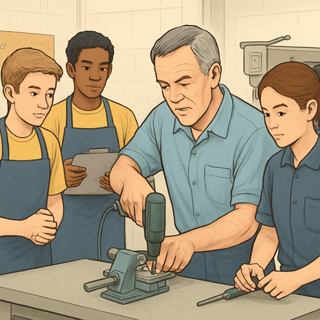 Students participating in an apprenticeship program, with a mentor guiding them through practical tasks, illustrating the importance of industry partnerships in education. Apprenticeship program showcasing the integration of vocational training and academics.