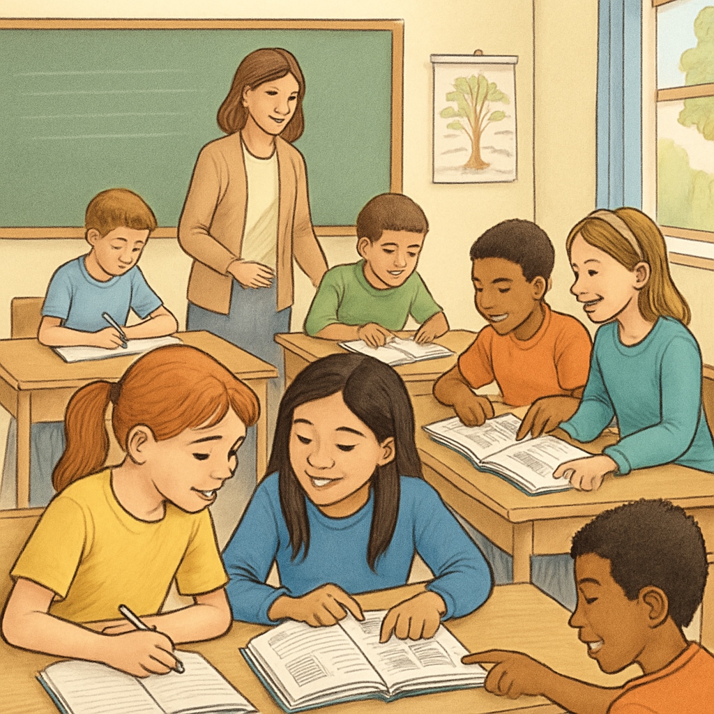 A classroom setting with students engaged in collaborative learning, showcasing a nurturing environment. Students collaborating in a classroom, representing nurturing educational environments.