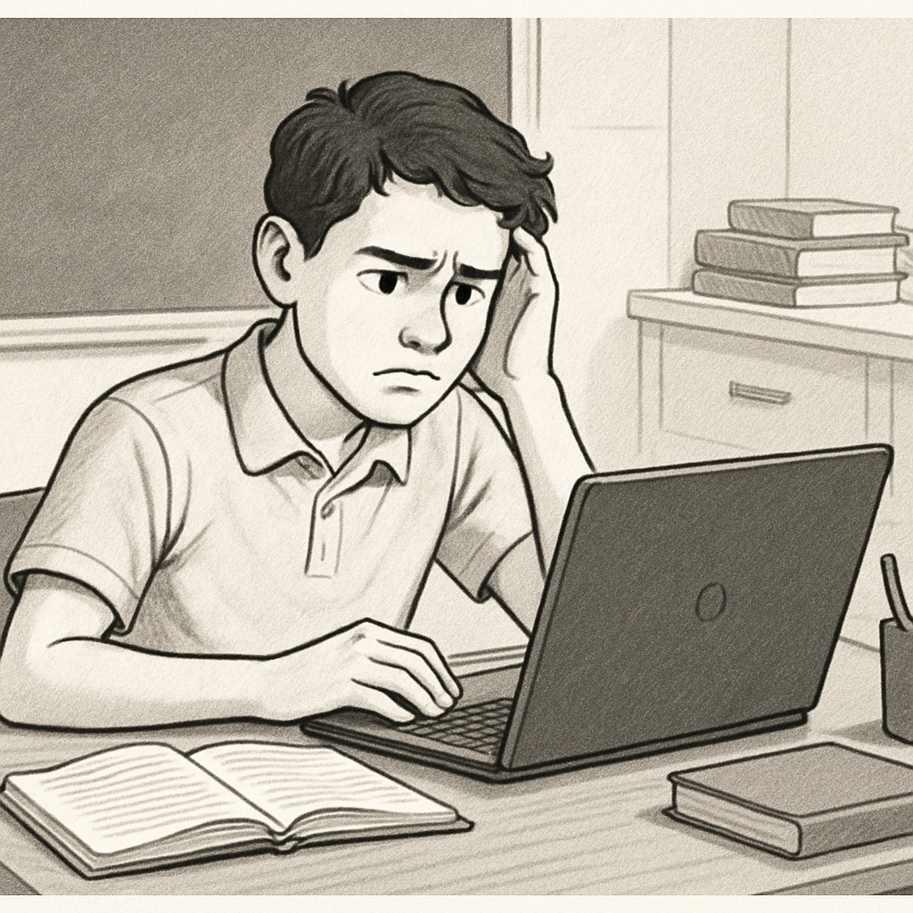 A high school student reviewing their grades on a laptop, with a concerned look, symbolizing the pressure of academic performance. A student reviewing grades on a laptop, reflecting on academic challenges and opportunities.