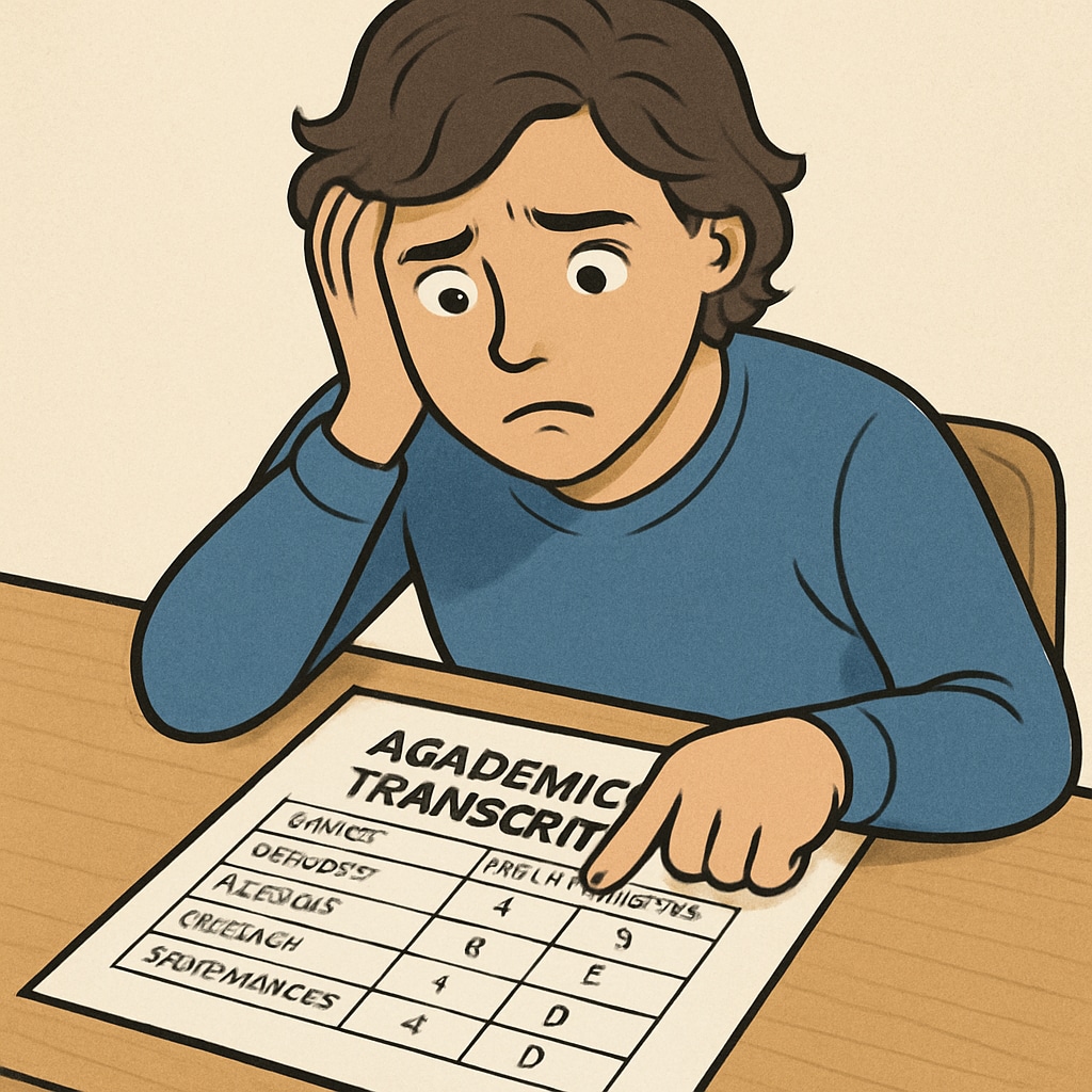 A student reviewing their academic transcript, emphasizing a single grade, with a worried expression. A student analyzing their academic performance with concern about a low grade.