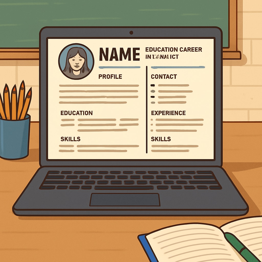A professional resume template displayed on a laptop and desk setup, highlighting clear formatting and sections relevant to education careers in Canada. Canadian education resume template on a laptop, showcasing professional formatting.
