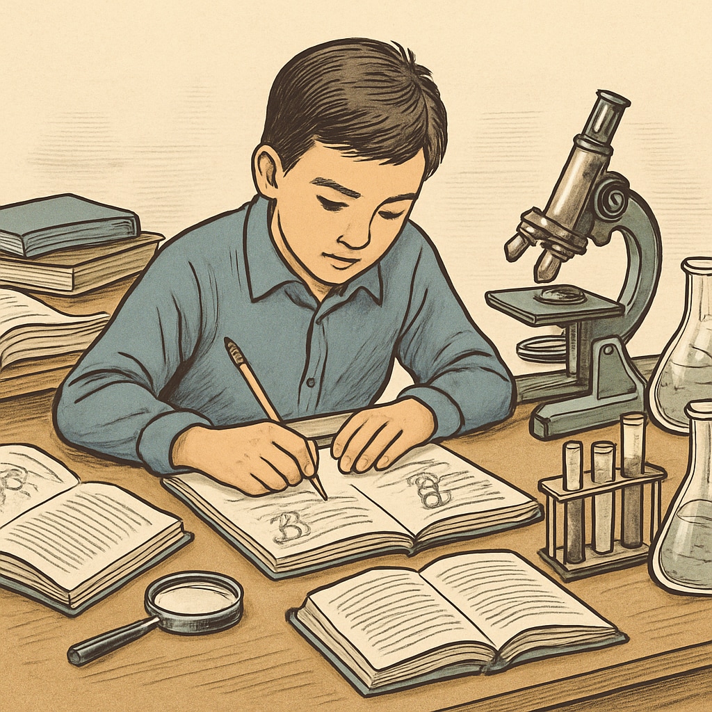 A student working on a science project, surrounded by books and tools, symbolizing passion and effort beyond academics. A student engaging in a science project, representing extracurricular passion and resilience.