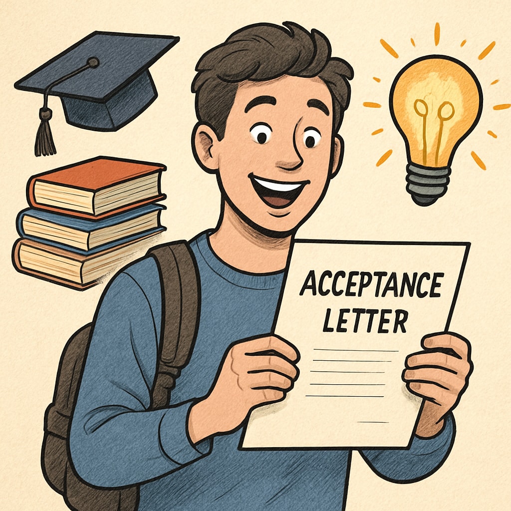 A college student celebrating their acceptance letter, symbolizing success despite obstacles. A joyful college student holding an acceptance letter, representing resilience.