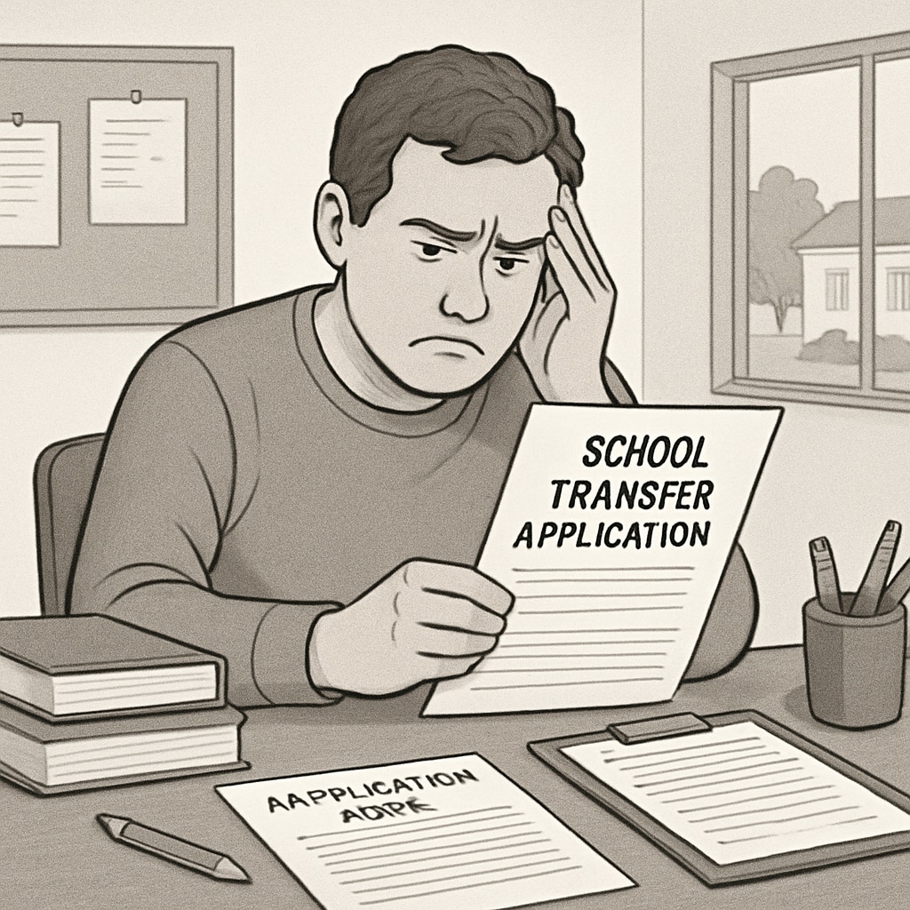 Parent struggling with school transfer paperwork, highlighting barriers to school choice.