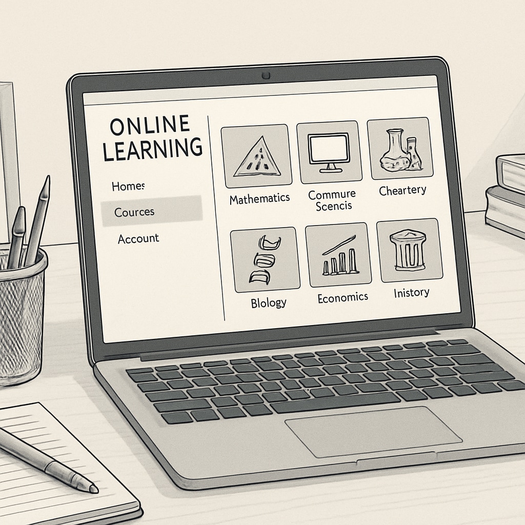 A laptop on a desk showing an online learning platform interface with various educational courses visible. Online learning platform showcasing extracurricular education courses for high school students.
