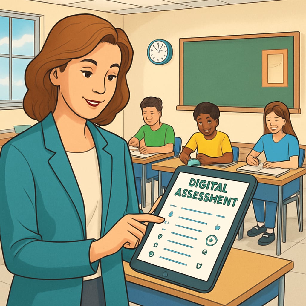 A teacher using a digital assessment tool on a tablet in a classroom setting. A classroom scene with a teacher using a digital K12 assessment tool on a tablet.