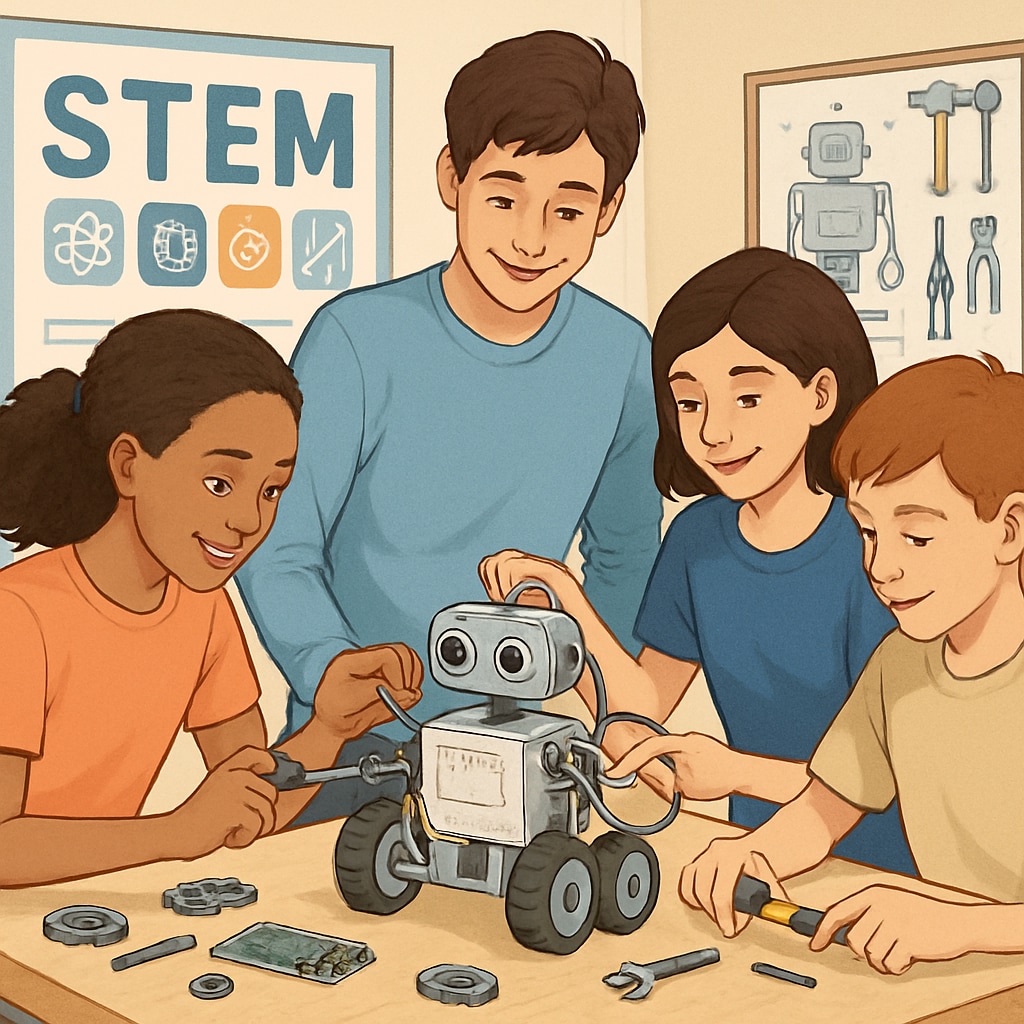 A group of students participating in a STEM workshop, collaborating on a robotics project. High school students engaged in a STEM community program as part of extracurricular learning.