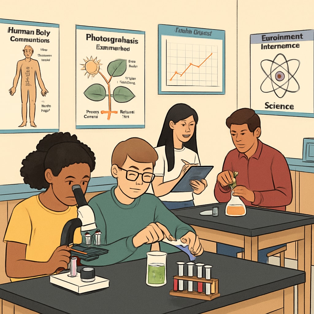 A classroom setting showing high school students engaged in a science experiment, with visual aids and labels in multiple languages to support ELLs. High school science classroom with visual aids supporting ELLs