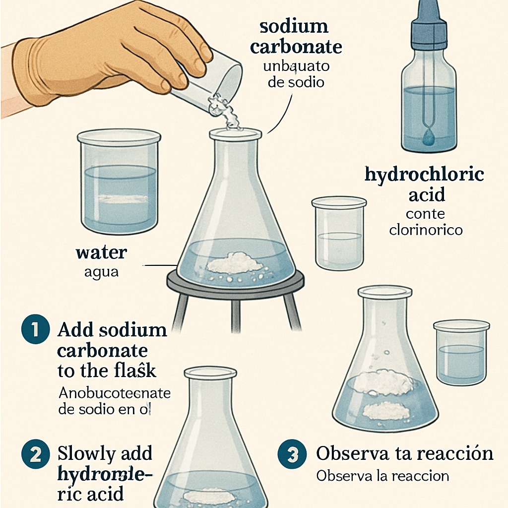 A close-up of a hands-on experiment involving chemical reactions, with labels and instructions available in both English and a second language. Hands-on science experiment with bilingual instructions for ELLs