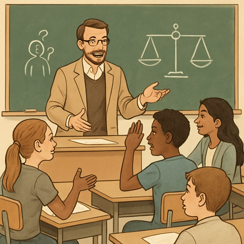 Philosophy teacher discussing ethical dilemmas with K12 students in a classroom.