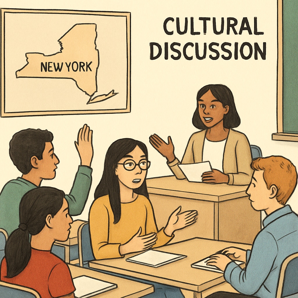 Group of international students discussing cultural differences in an educational workshop.