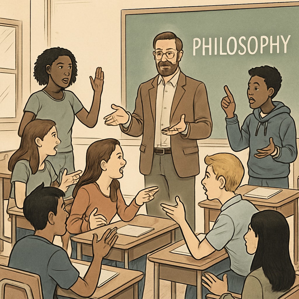K12 students engaged in a debate with guidance from a philosophy teacher.