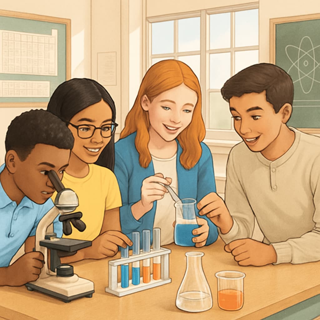 A diverse group of students and their teacher working on a science experiment in the classroom.