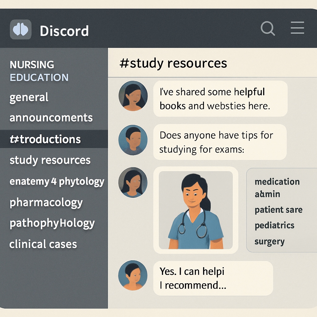 Discord server for nursing students with topic channels and active discussions.