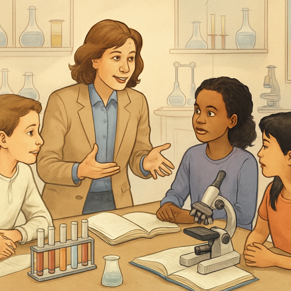 A science teacher guiding a discussion with a group of students from diverse backgrounds in a laboratory.