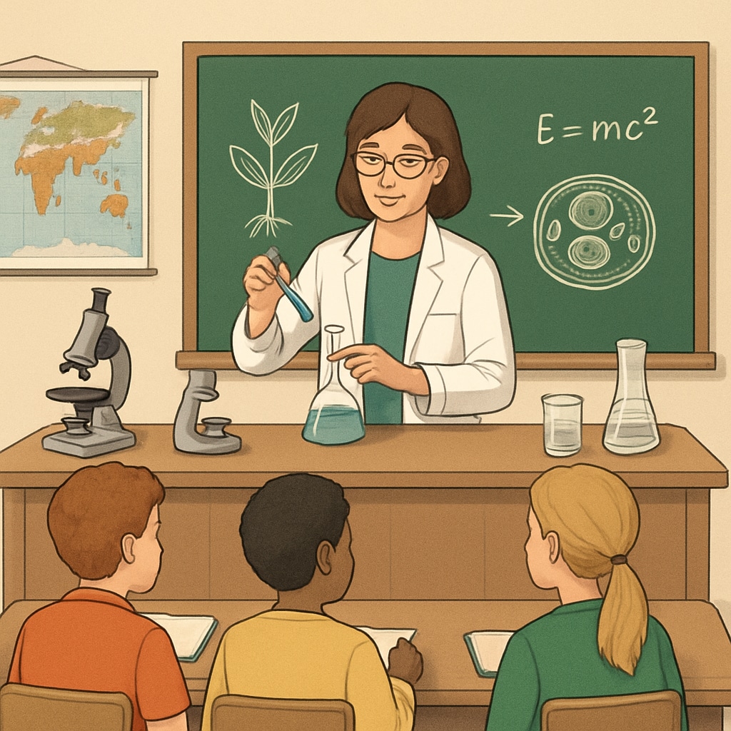 Biology background educator conducting a science experiment in a classroom.