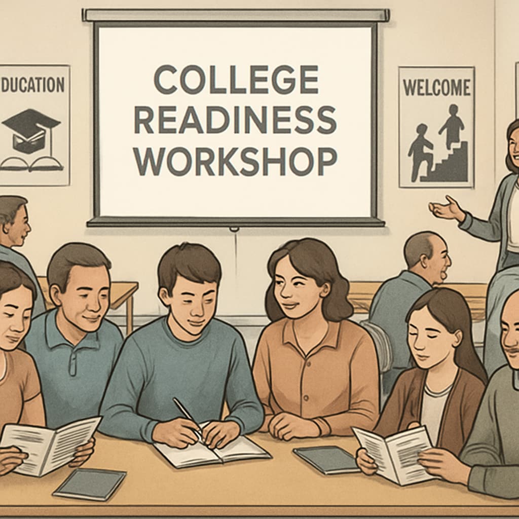 Parents attending a college readiness workshop with their high school students, emphasizing family involvement in educational planning. Parents and students at a college readiness workshop, showcasing the role of family support in preparing for UC San Diego.