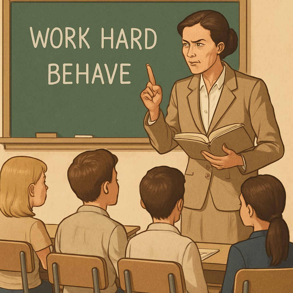 A classroom setting showing a teacher demanding high performance from students, emphasizing strictness and care in teaching A teacher demanding high performance in a classroom, symbolizing strictness and care in education