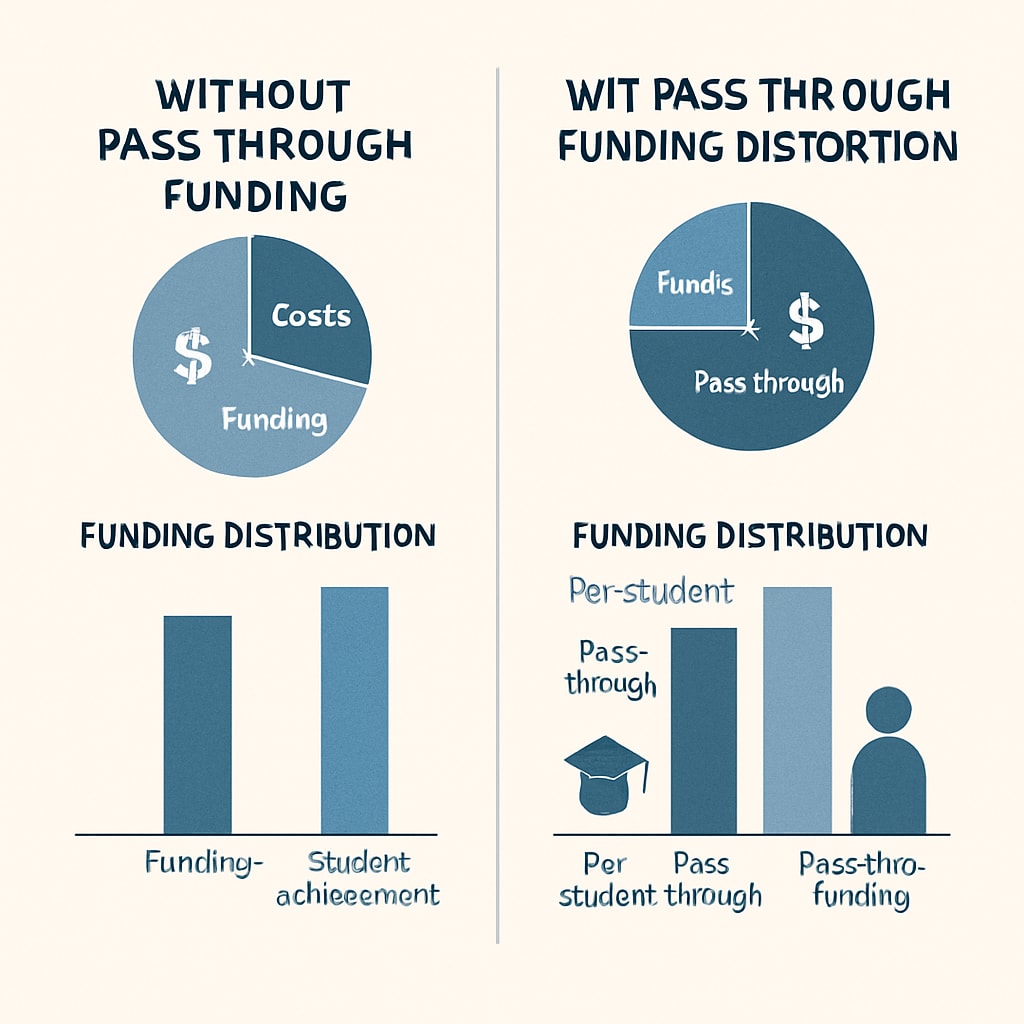 An infographic showing a breakdown of per-student spending with and without pass-through funding distortions, emphasizing transparency. Infographic comparing accurate and distorted per-student spending data.
