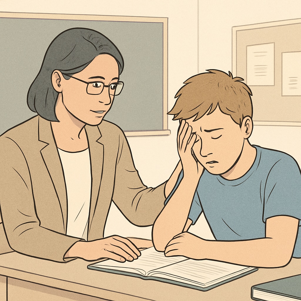 A teacher comforting a stressed student in a classroom environment, symbolizing care and empathy in education A teacher comforting a stressed student in a classroom, representing care in education
