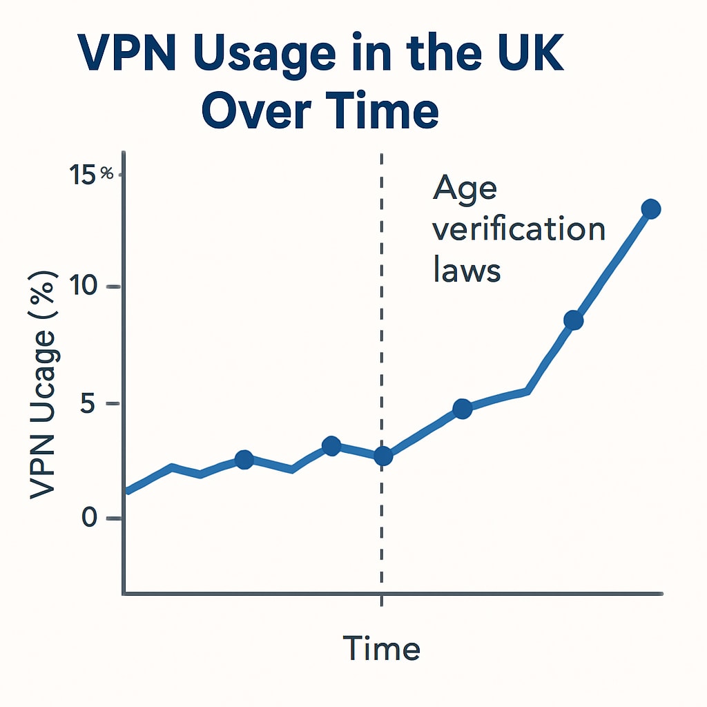 A graphical representation of VPN usage trends in the UK since the implementation of age verification laws. Chart showing VPN usage trends related to UK age verification laws