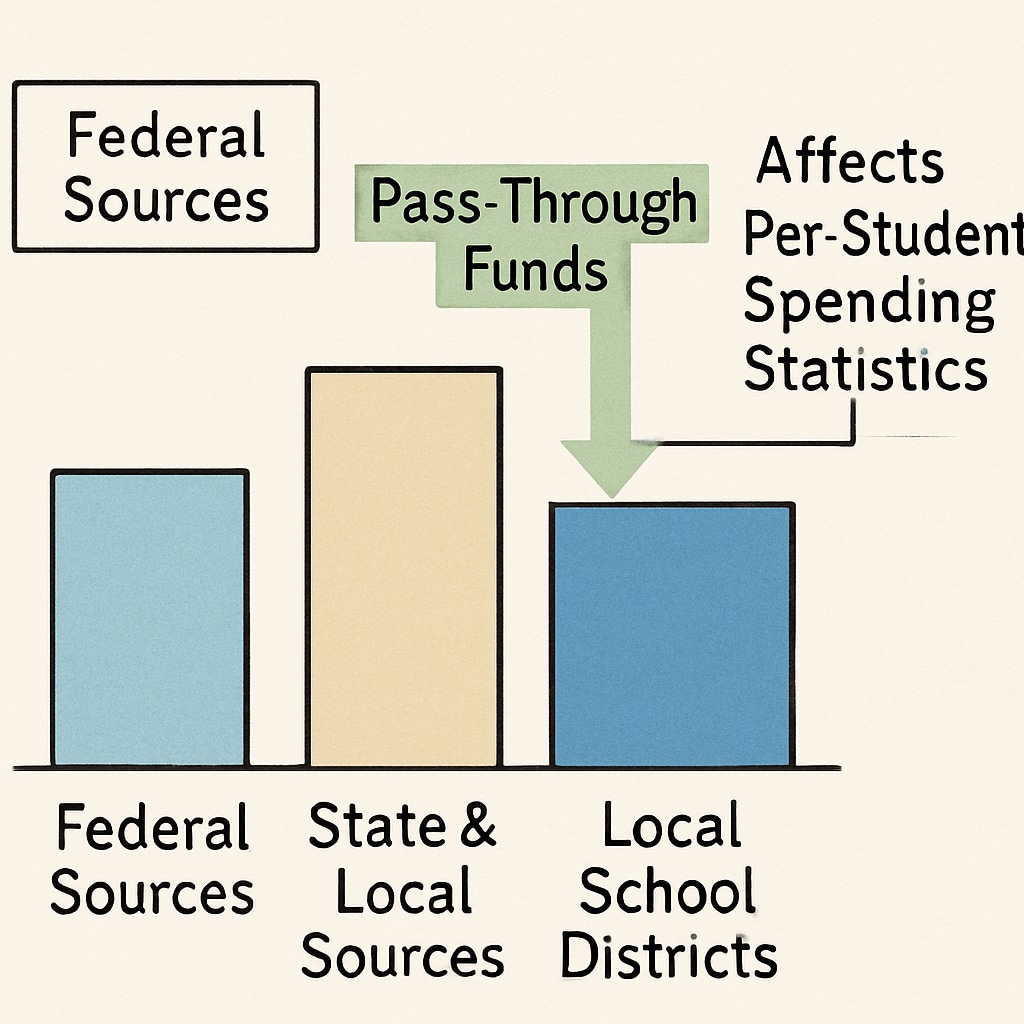 A bar chart illustrating the flow of pass-through funds from federal sources to local school districts, with annotations highlighting their impact on per-student spending statistics. Bar chart showing pass-through funds and their role in school budgets.