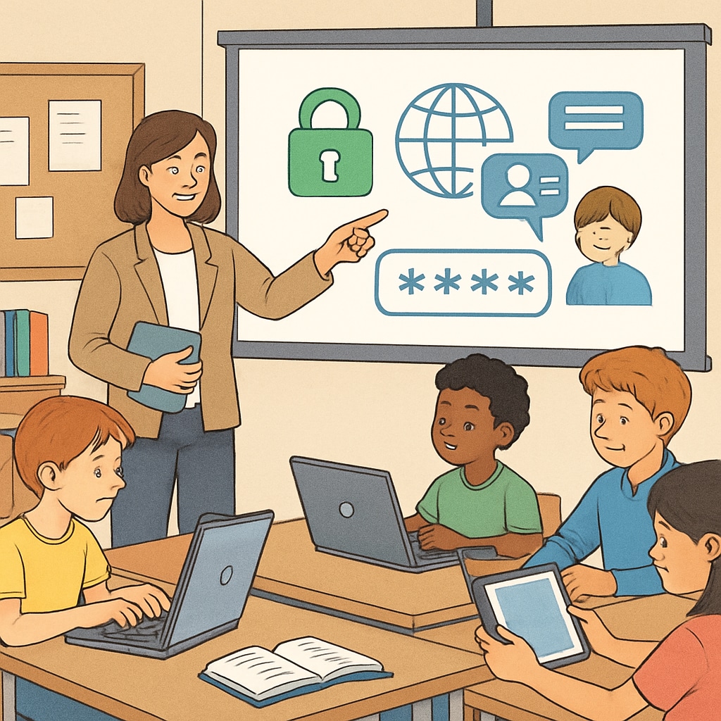 Students in a classroom learning about digital literacy and online safety, emphasizing collaboration between teachers and students. Classroom teaching digital literacy amid UK age verification laws