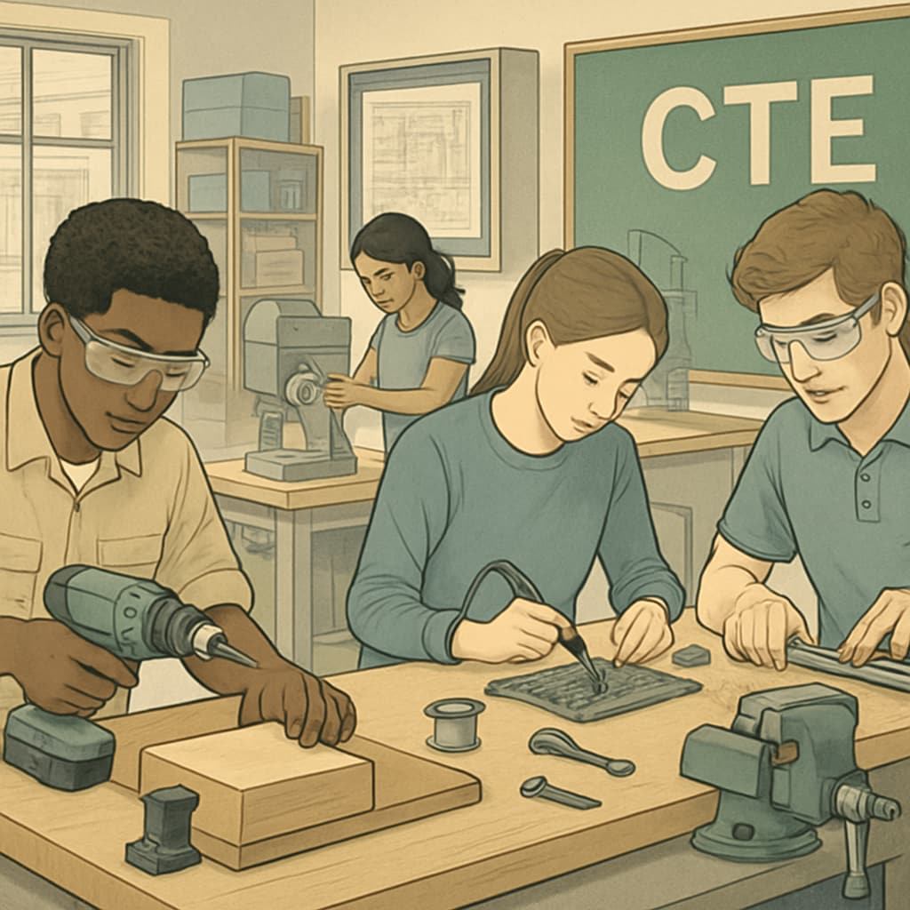 A modern CTE classroom with students working on technical projects. Students in a modern CTE classroom working on technical projects related to career skills.