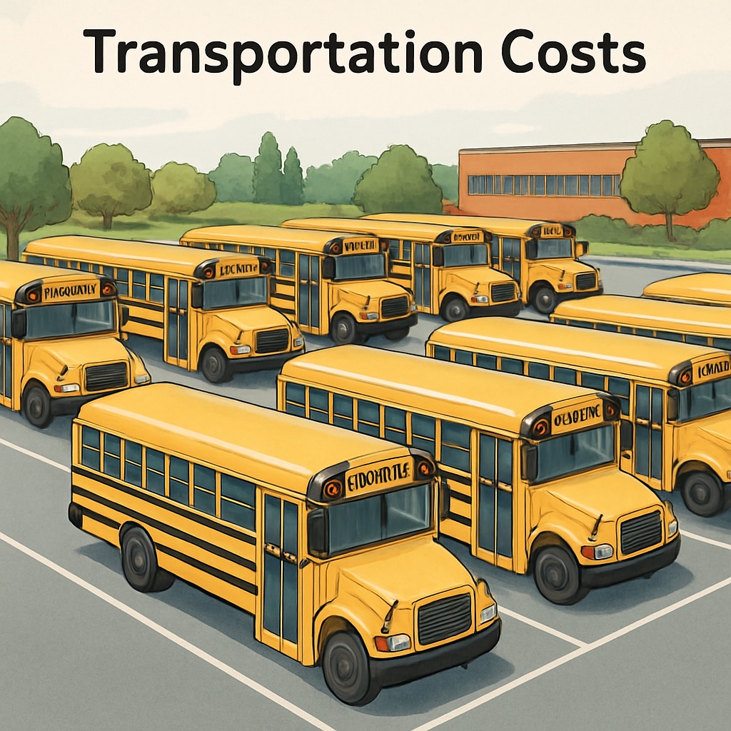 A busy school bus parking lot with rows of yellow buses, symbolizing transportation costs in school budgets. School bus transportation costs in district budgets