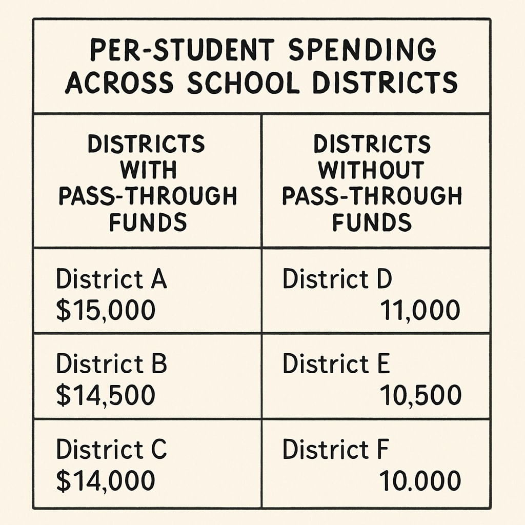 A table comparing per-student spending across districts with and without pass-through funds, showcasing discrepancies in resource allocation. Table highlighting differences in per-student spending with pass-through funds.