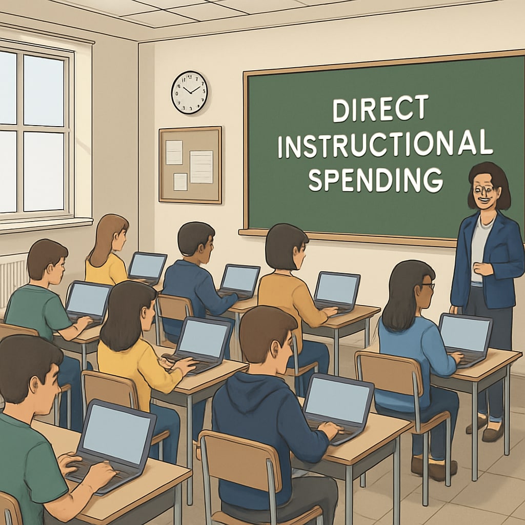 A classroom filled with students using laptops, representing direct instructional spending in education. Classroom instructional spending represented by students using laptops