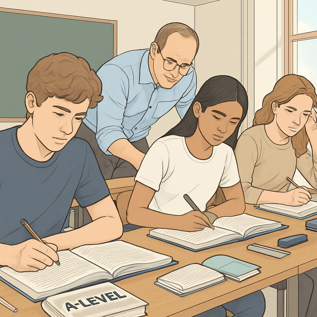 Students studying for A-Level retakes in a classroom environment, discussing exam strategies.