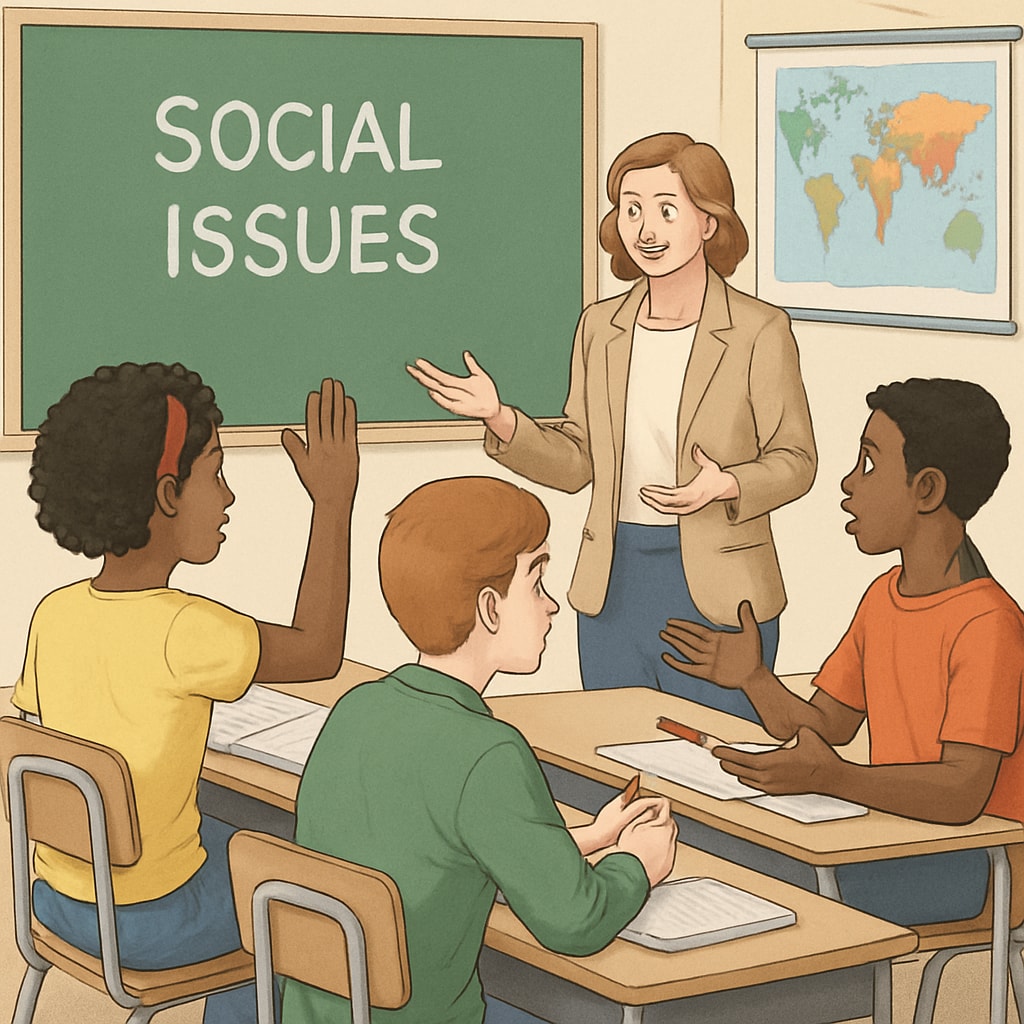 A high school classroom with students discussing social issues during a lesson. The image depicts a diverse group of students seated at desks, engaging in dialogue with their teacher. Students discussing social issues in a high school classroom, related to school wokeness.