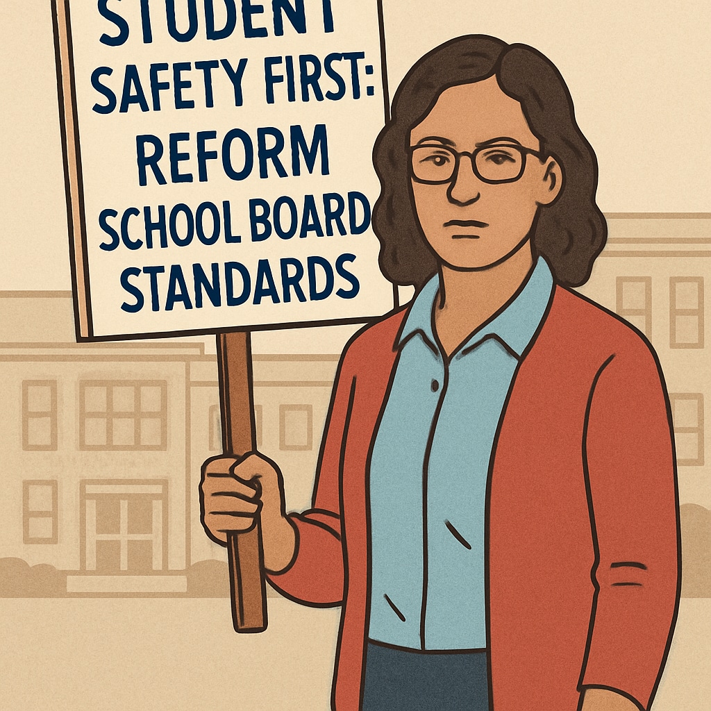 A protest sign reading “Student Safety First: Reform School Board Standards” held by a parent advocate. Protest sign emphasizing student safety and governance reforms.