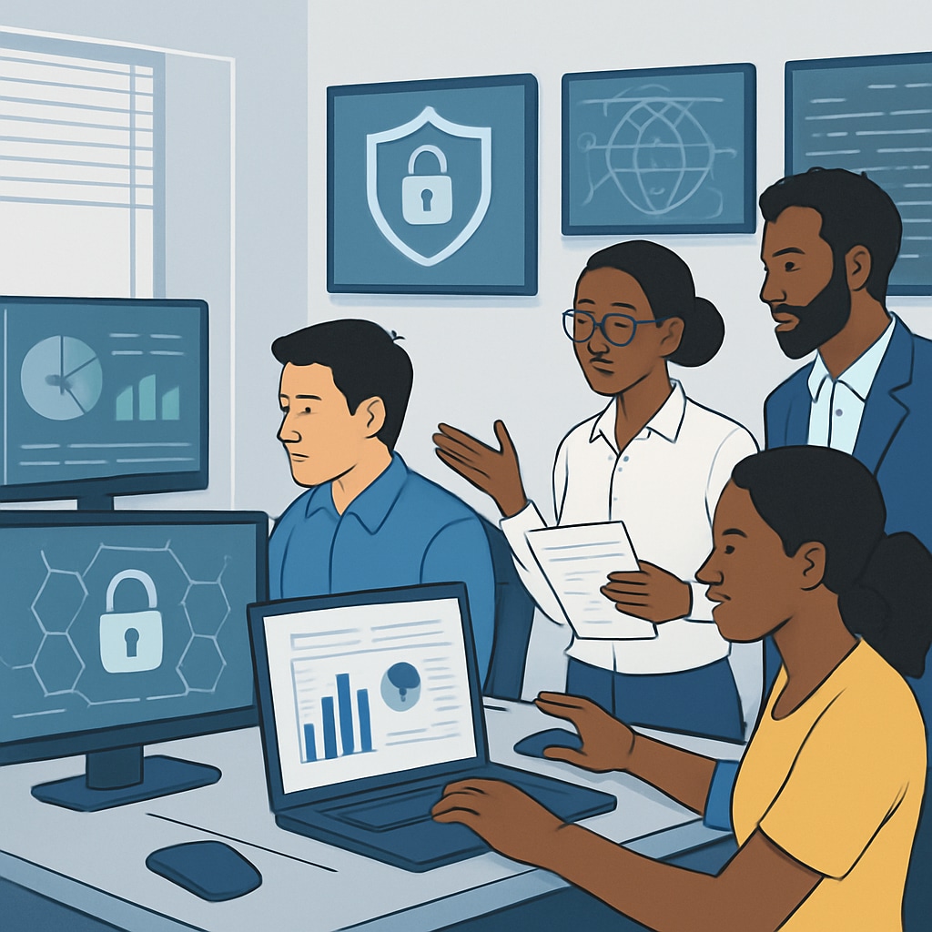 A professional setting showing diverse individuals working on cybersecurity tasks. Cybersecurity professionals collaborating on tasks in a work environment.