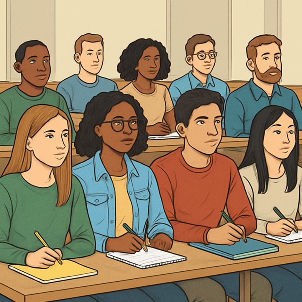 University students attending a lecture in a classroom, representing diverse academic backgrounds.