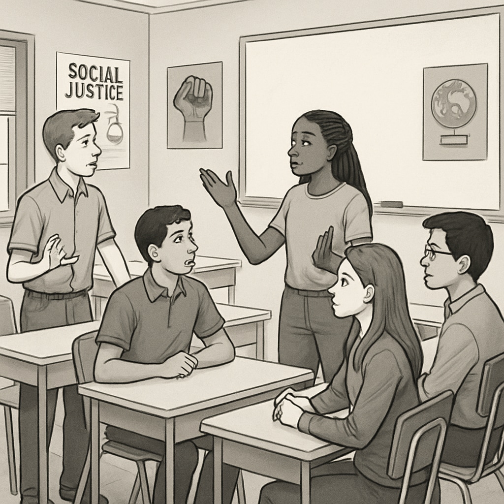 A group of high school students participating in a debate on social justice topics in a modern classroom setting. The image shows students standing and sharing their viewpoints while others listen attentively. High school students debating social justice topics in a classroom environment, reflecting school wokeness themes.