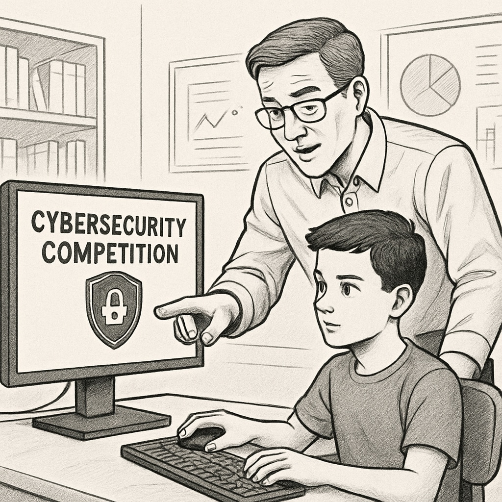 A young student participating in a cybersecurity competition with a mentor guiding them. A student and mentor working together during a cybersecurity competition.
