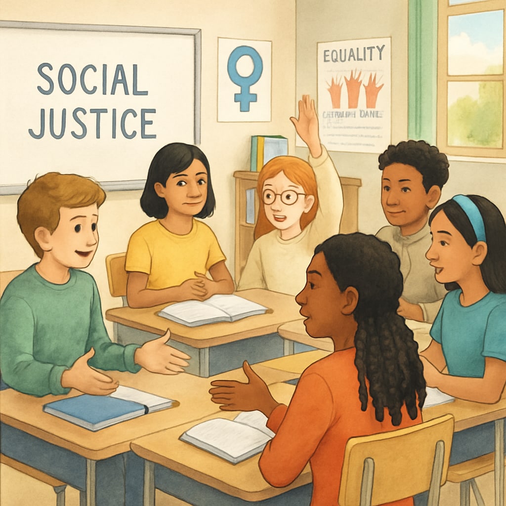 Students discussing social justice topics in a diverse classroom environment.