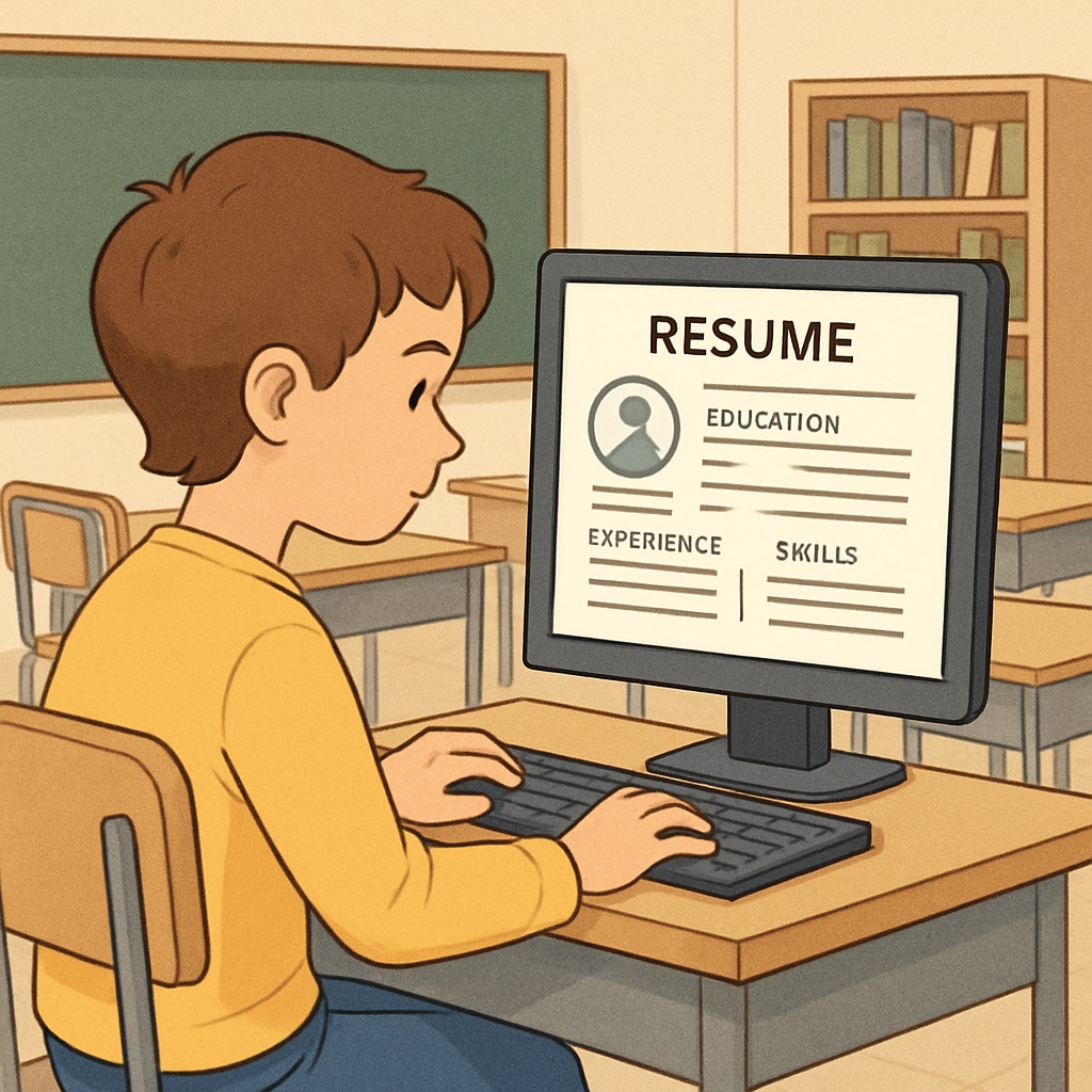 A young student working on their resume at a computer in a classroom environment. Student crafting a resume with Canada-focused tips.
