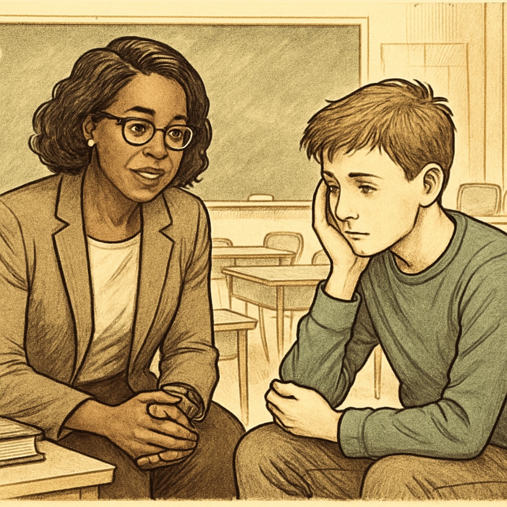 A school counselor sitting with a student in a classroom, discussing academic and personal challenges. school counselor and student discussing challenges in a classroom