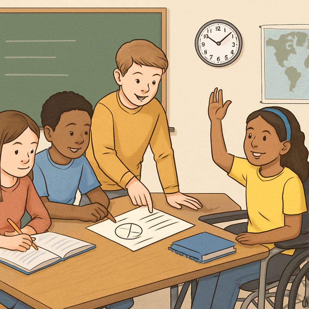 A classroom setting where students with diverse learning styles are actively engaged in a group activity. Inclusive classroom with diverse learners collaborating on a project.